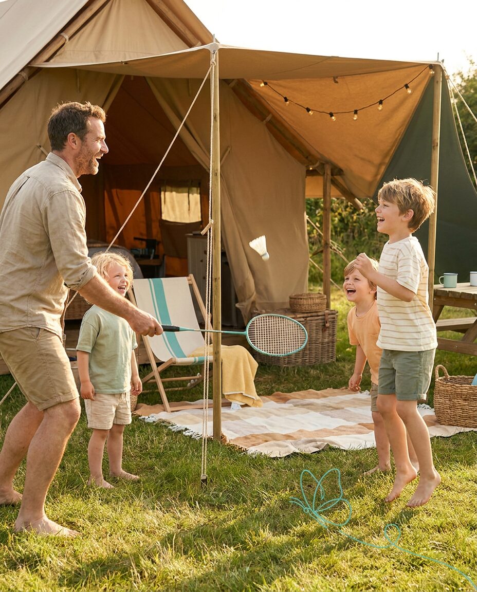 Vader en kinderen spelen lachend badminton op een grasveld voor een tent