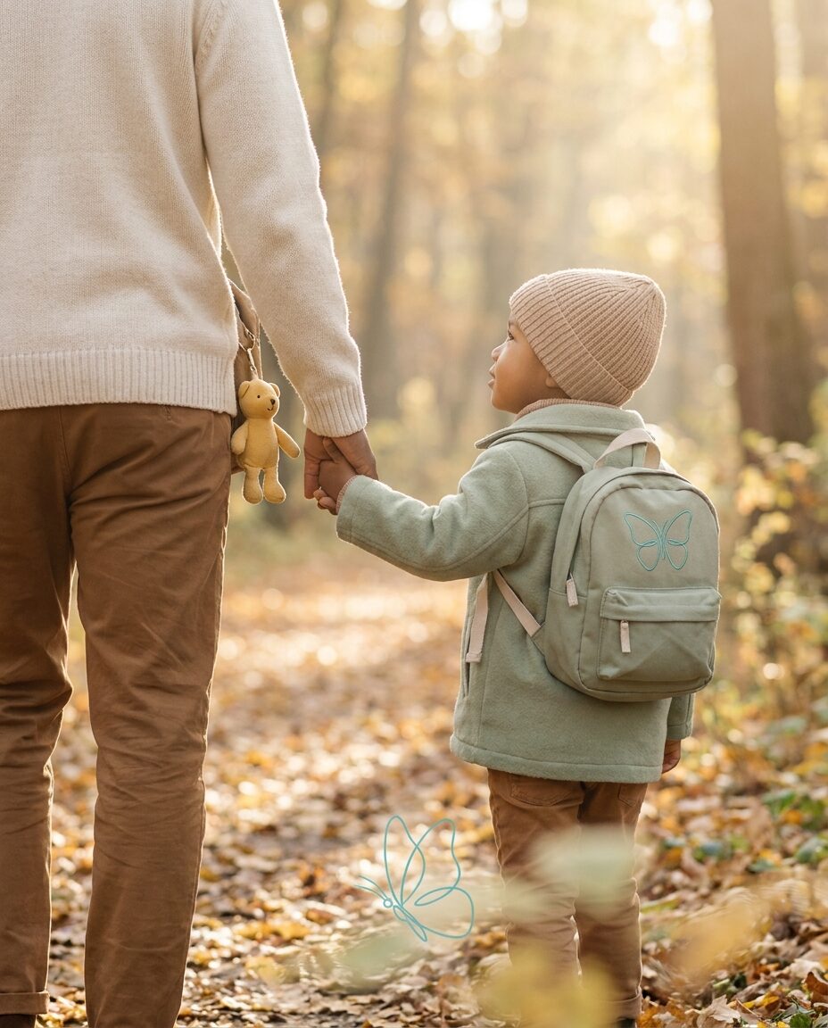 Ouder en kind lopen hand in hand een pad op