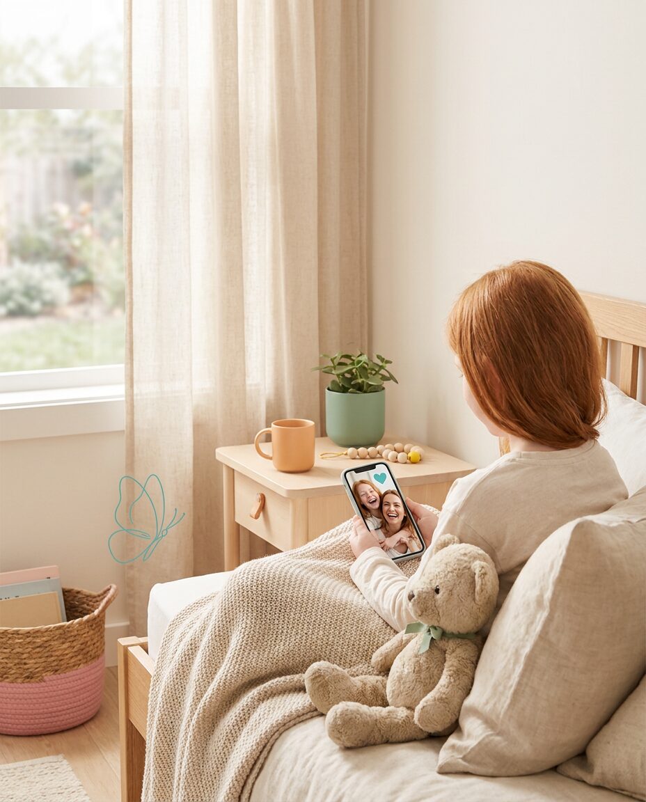 Kind kijkt in bed naar een foto van de andere ouder op de telefoon