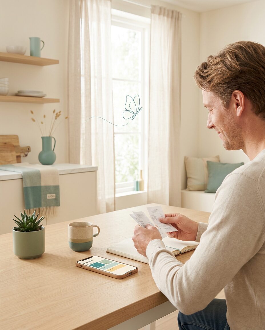 Ouder houdt de kosten bij met bonnetjes en de LEOVI-app op tafel
