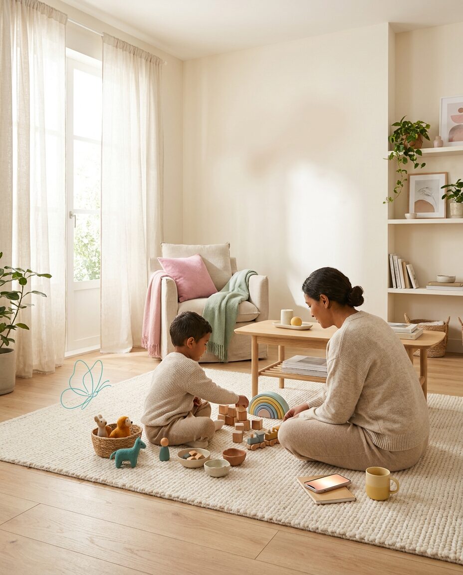 Ouder en kind spelen samen op de grond met houten speelgoed